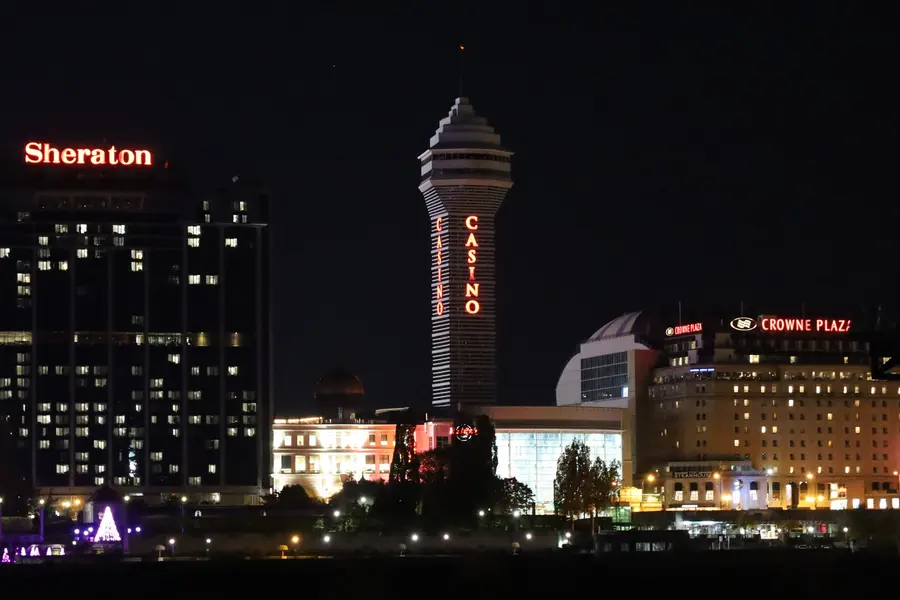 Casino Niagara tower lit at night on Falls Avenue