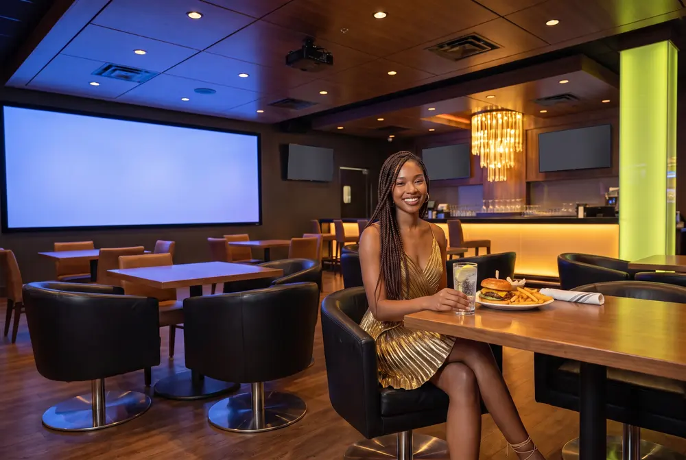 A woman at a table in LEV2L Sports Bar