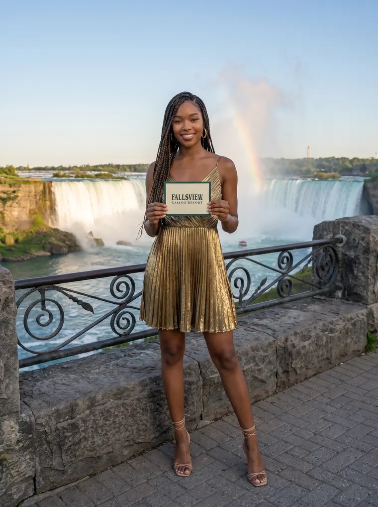 A woman above Horseshoe Falls holding a Fallsview Casino Resort card